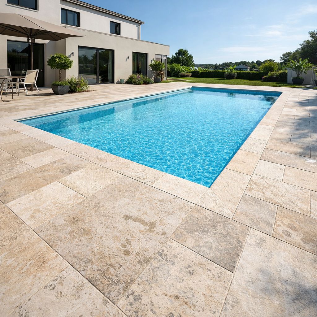 Travertínová dlažba okolo bazéna – prírodný kameň